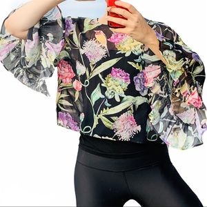 H&M Sheer Floral Wide Peplum Ruffle Sleeves Blouse